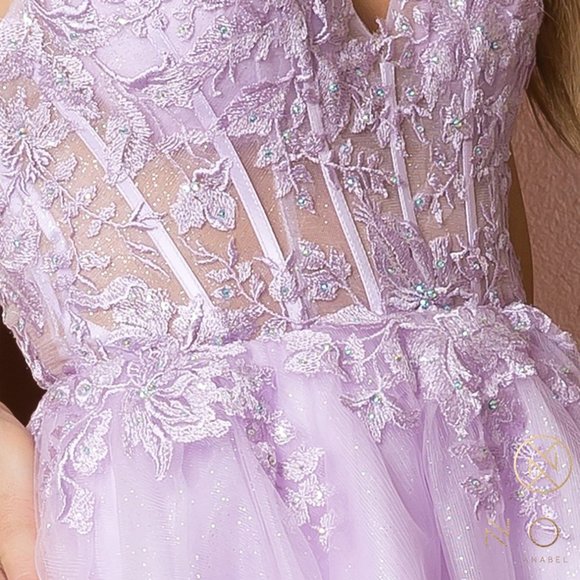 NEW LILAC OFF SHOULDER MINI V-NECKLINE CHIFFON DRESS EMBROIDERED BODICE nx739 - Picture 6 of 8